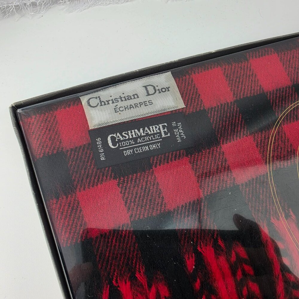 NIB NWT Christian Dior Red Black Plaid Scarf Cashmaire 100% Acrylic - Picture 3 of 4